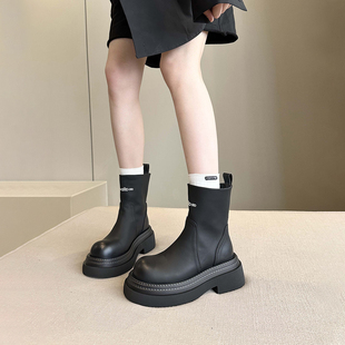 严选专场 弹力软皮厚底马丁靴女短靴子瘦瘦靴 2025秋冬东大门韩版