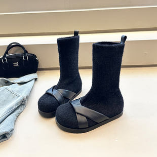 毛线厚底瘦瘦靴中筒短靴女时装 袜靴 秋季 小众新品 靴 辣妹炸街韩版