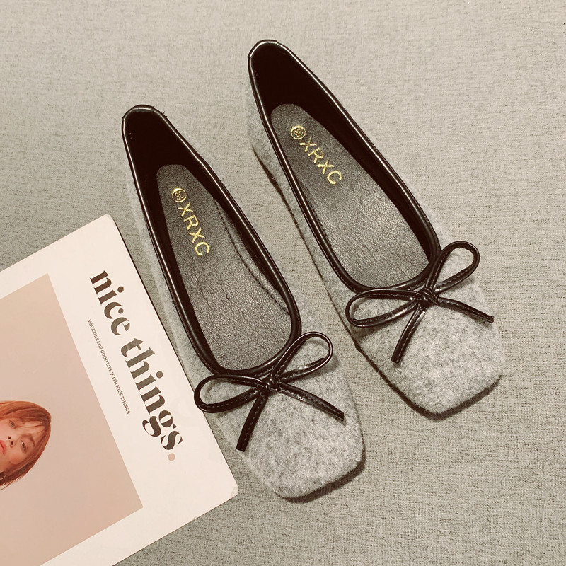 呢子布面简约百搭平底单鞋豆豆鞋