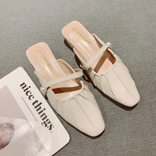 法式一脚套包头中跟半拖鞋女外穿2026年夏季新款一字带休闲凉拖
