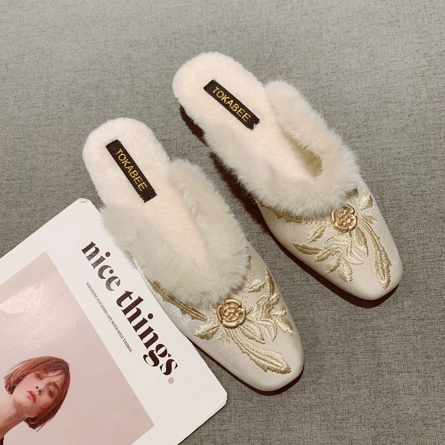 国风刺绣布面一脚套加绒毛毛鞋女2025年新款法式方头低跟包头拖鞋,女鞋,包头拖,淘宝优惠券,粉丝福利购,淘宝优惠卷