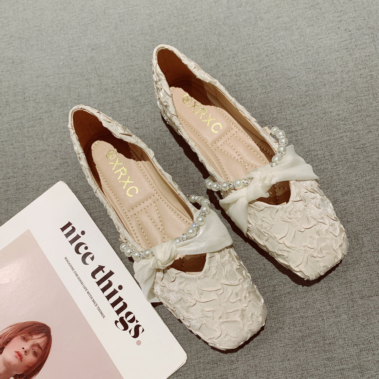 2025年新款仙女风甜美珍珠装饰软底豆豆鞋一脚套浅口方头平底单鞋,女鞋,浅口单鞋,淘宝优惠券,粉丝福利购,淘宝优惠卷