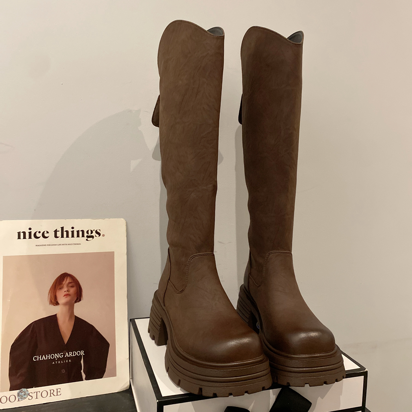 复古圆头粗跟长筒靴女休闲时装靴