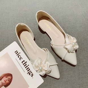 2025年新款浅口尖头平底花朵侧空晚晚温柔风气质法式配裙子单鞋女
