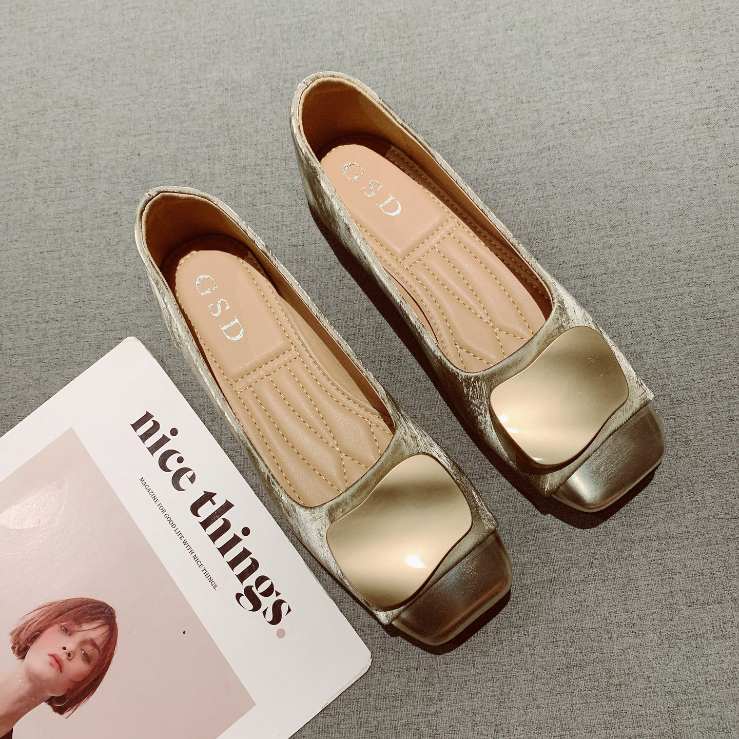 法式拼色方头软底豆豆鞋女2025年新款金属扣装饰一脚套平底鞋,女鞋,浅口单鞋,淘宝优惠券,粉丝福利购,淘宝优惠卷