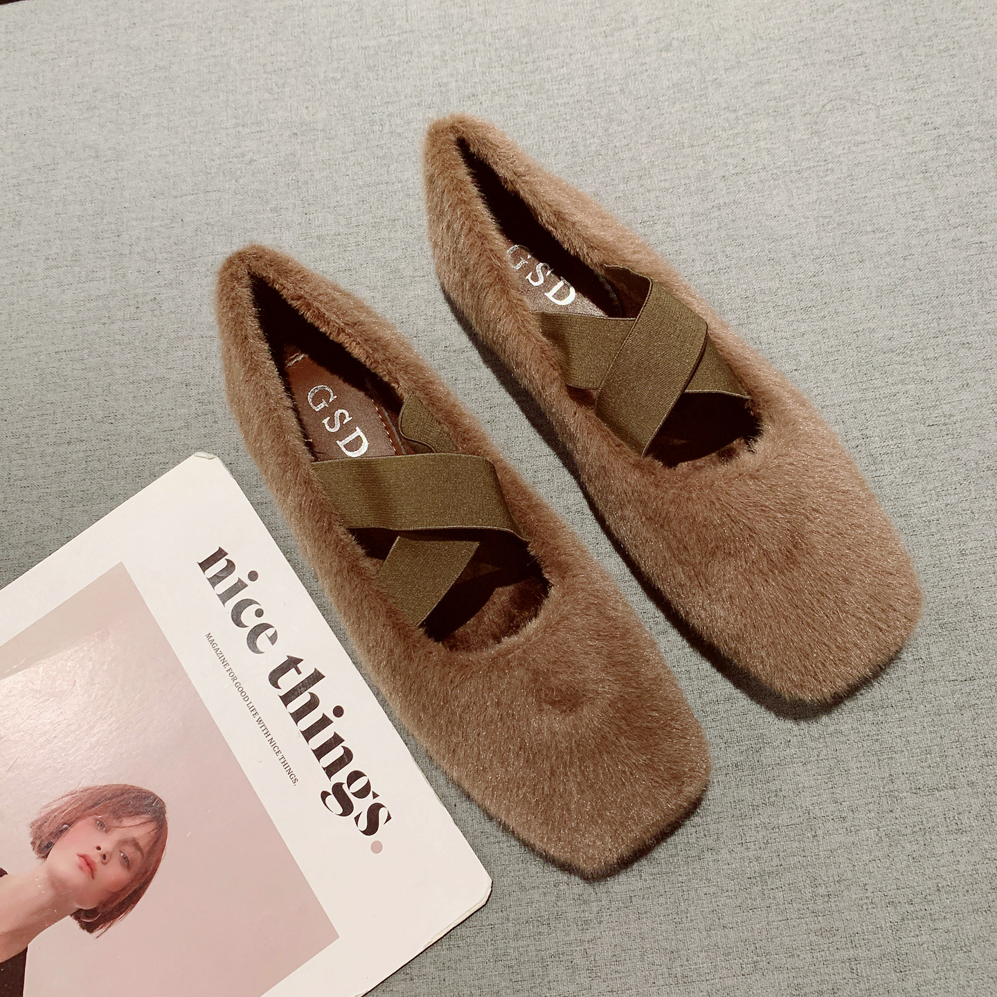 弹力交叉带加绒毛毛鞋女外穿棉鞋