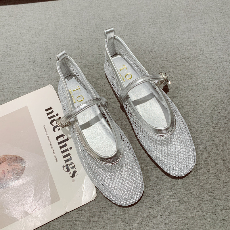 网纱镂空透气一字带圆头平底单鞋女2025年夏季新款舒适软底凉鞋