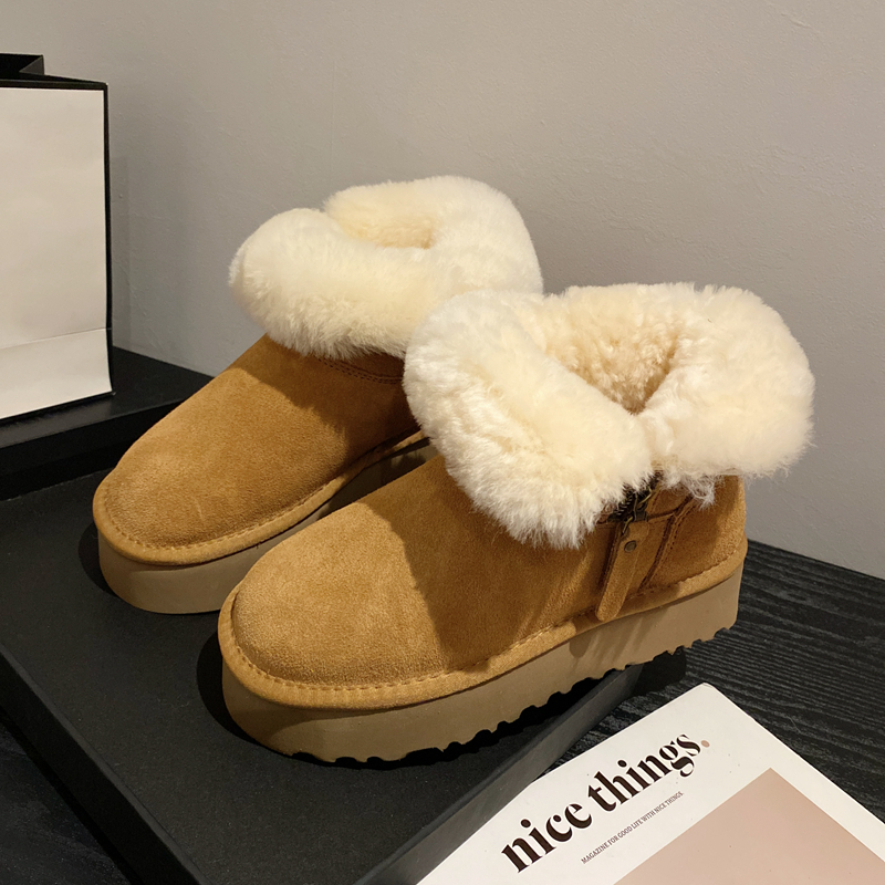 磨砂牛皮侧拉链两穿厚底雪地靴女