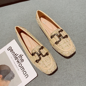 呢子布浅口方头金属扣平底单鞋 女鞋 舒适软底豆豆鞋 2025春新款 瓢鞋