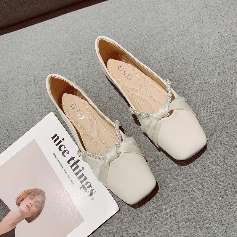 仙女风珍珠一字软底豆豆鞋女2026春季新款浅口方头舒适平底单鞋,女鞋,浅口单鞋,淘宝优惠券,粉丝福利购,淘宝优惠卷