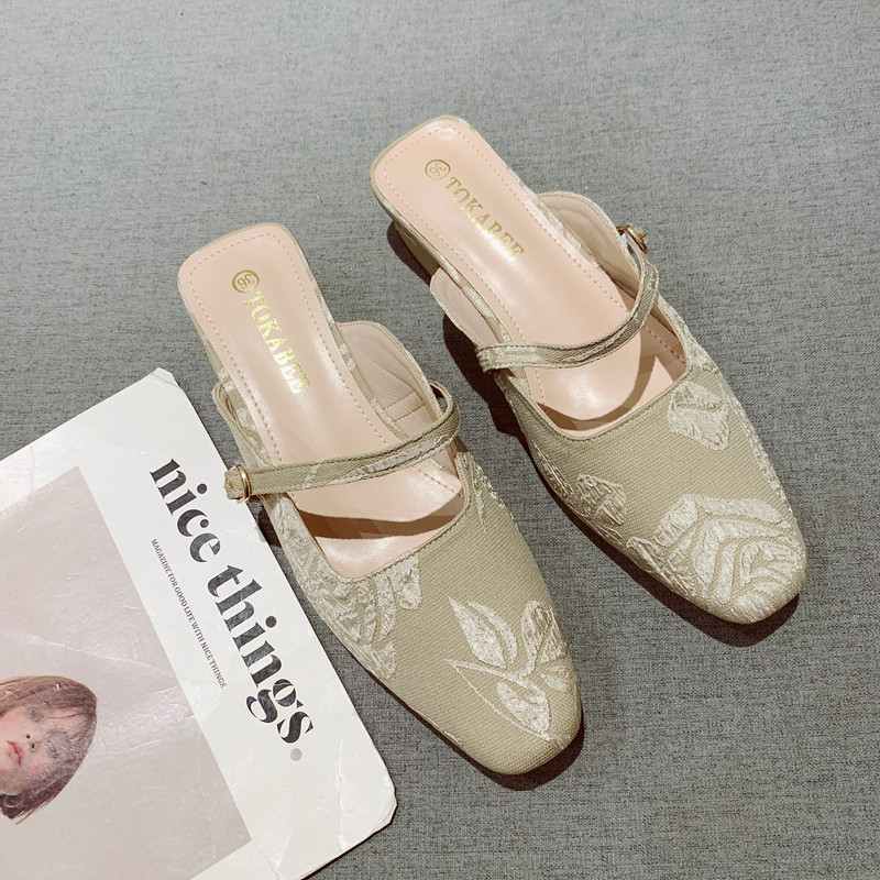 复古方头一字带中跟凉拖女外穿2025年夏季新款布面包头粗跟半拖鞋,女鞋,包头拖,淘宝优惠券,粉丝福利购,淘宝优惠卷