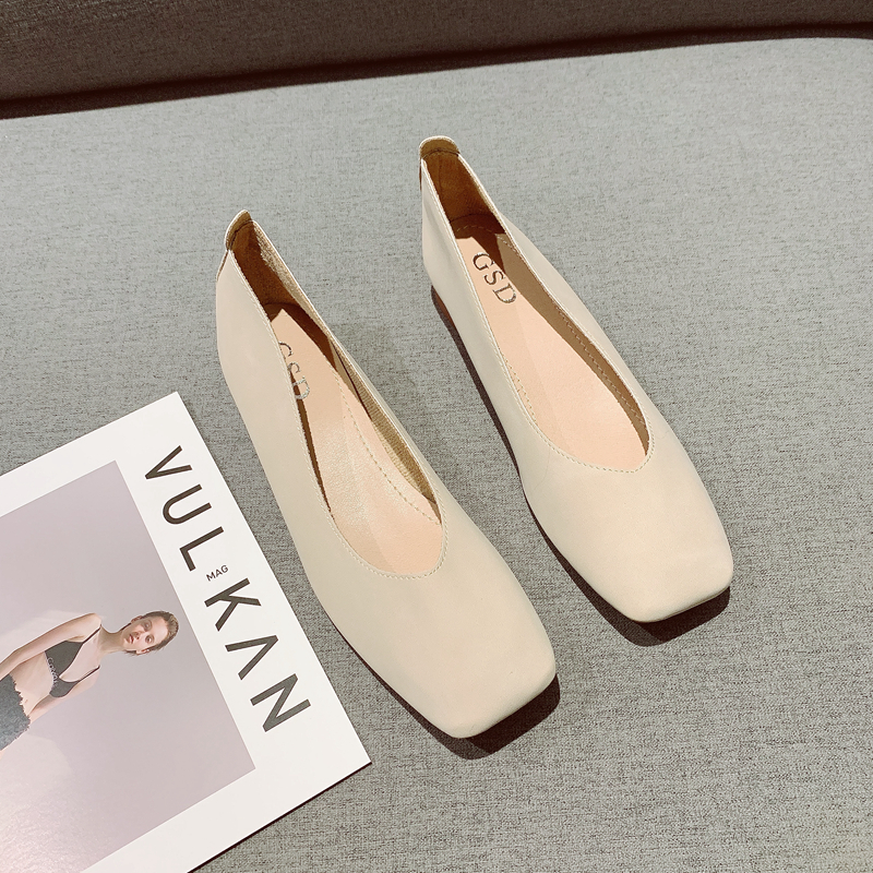 复古方头软底豆豆鞋女