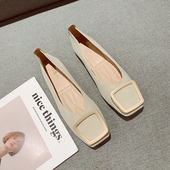 简约百搭金属方扣杏色平底单鞋 复古方头软底豆豆鞋 女2025年新款