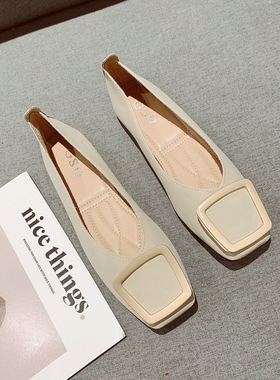 复古方头软底豆豆鞋女2026年新款简约百搭金属方扣杏色平底单鞋