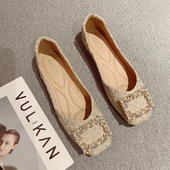 方头单鞋 百搭浅口平底鞋 2026春季 韩版 新款 女鞋 方扣珍珠软底豆豆鞋