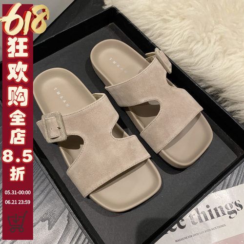 真皮一字露趾半拖鞋女外穿休闲拖