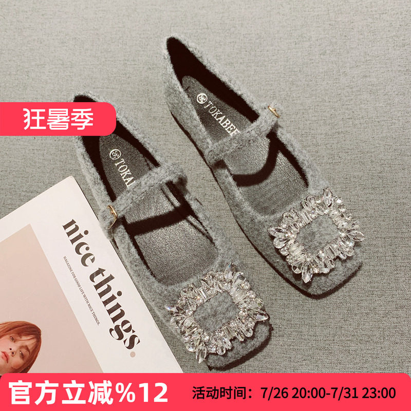 时尚水钻方扣一字带浅口玛丽珍鞋女2026年新款呢子布面舒适软底鞋