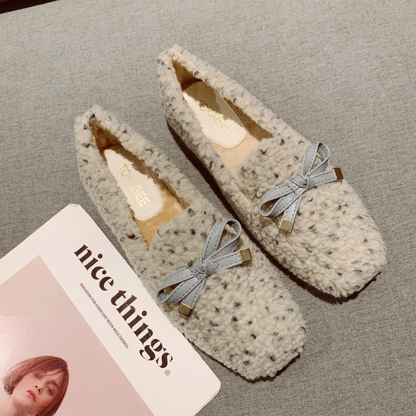 蝴蝶结一脚套加绒毛毛鞋女豆豆鞋