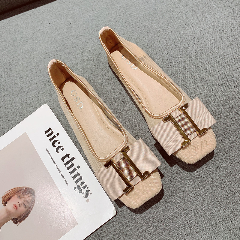网纱透气浅口豆豆鞋女2025年新款金属扣蝴蝶结方头平底单鞋工作鞋,女鞋,浅口单鞋,淘宝优惠券,粉丝福利购,淘宝优惠卷