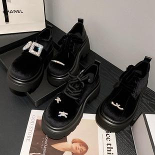 复古系带水钻增高黑色英伦风厚底小皮鞋女金丝绒气质拉满高定版