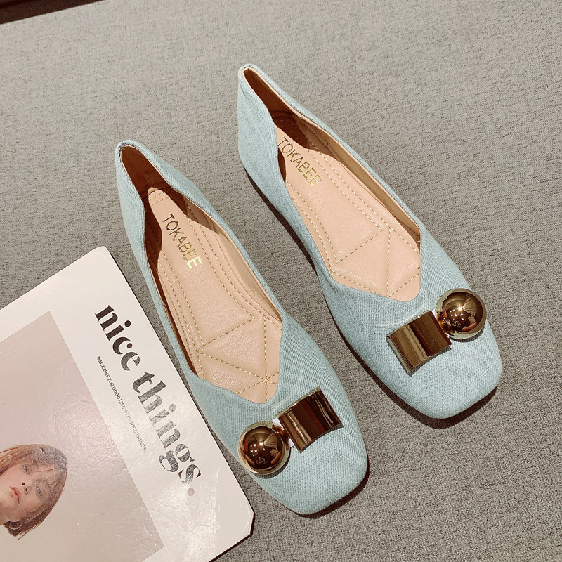 金属扣牛仔布面浅口平底单鞋女