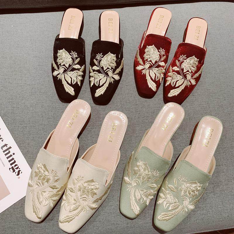 国风新中式包头刺绣旗袍鞋低跟凉拖鞋女2025春夏穆勒粗跟半拖女鞋,女鞋,包头拖,淘宝优惠券,粉丝福利购,淘宝优惠卷