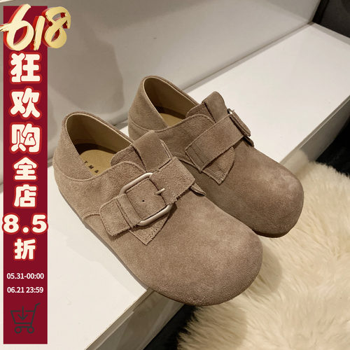 皮带扣磨砂牛皮厚底两穿勃肯鞋女