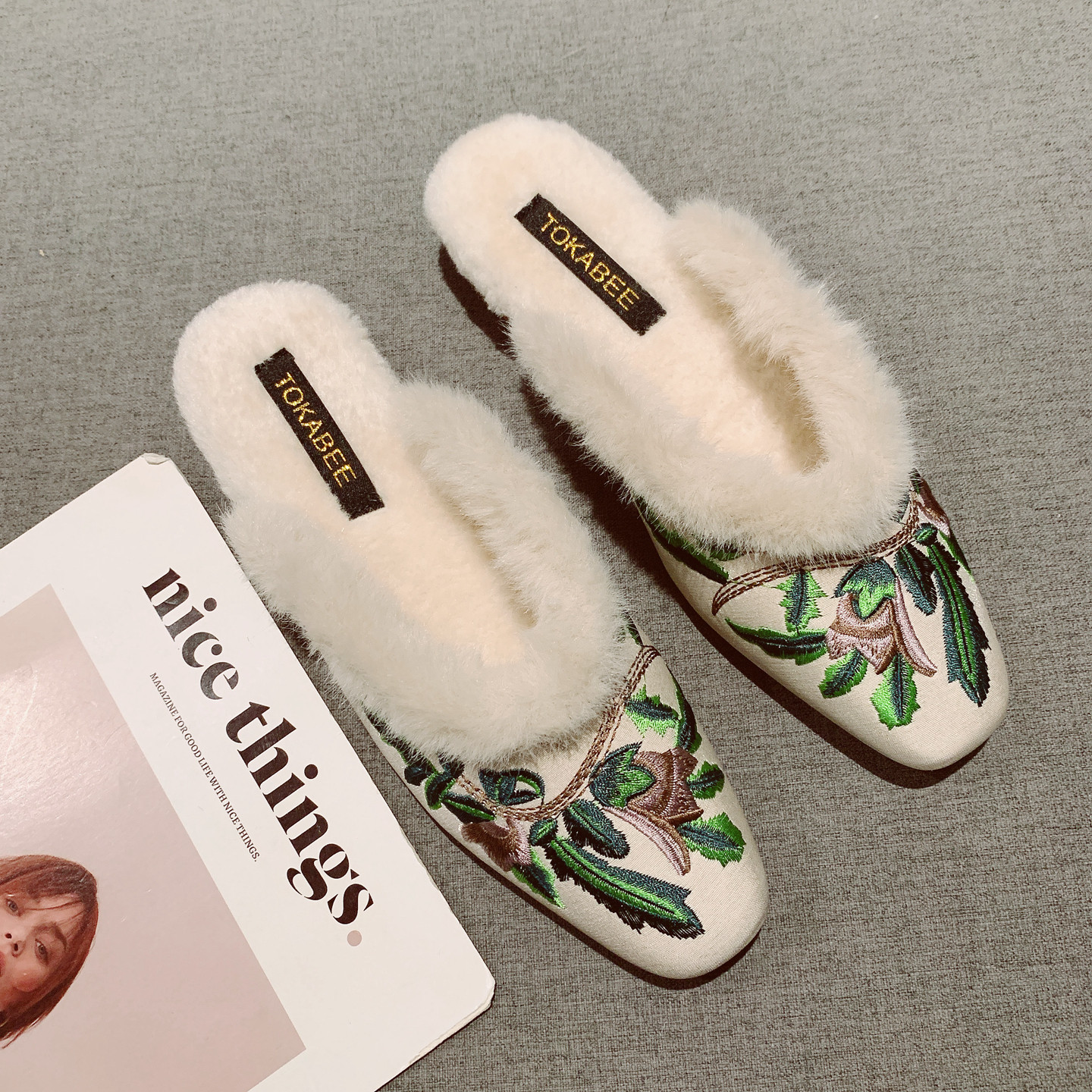 国风刺绣一脚套包头加绒毛毛鞋女2025年新款复古方头低跟穆勒拖鞋,女鞋,包头拖,淘宝优惠券,粉丝福利购,淘宝优惠卷