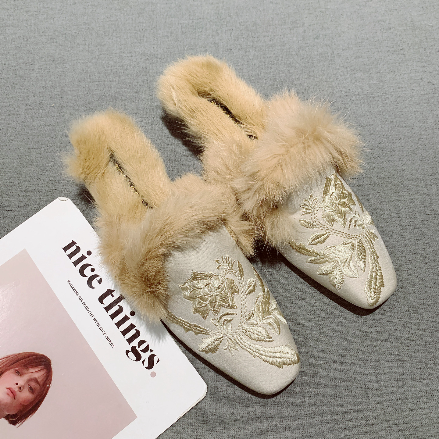 法式一脚套方头毛毛鞋女2025年新款国风刺绣一脚套包头兔毛半拖鞋,女鞋,包头拖,淘宝优惠券,粉丝福利购,淘宝优惠卷