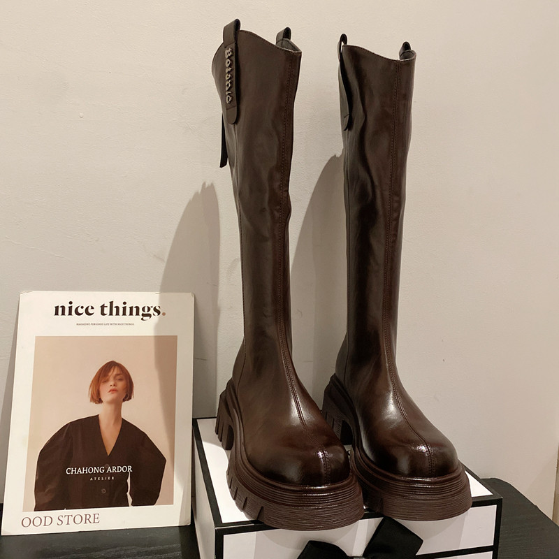 显瘦V口简约高筒骑士靴女时装靴