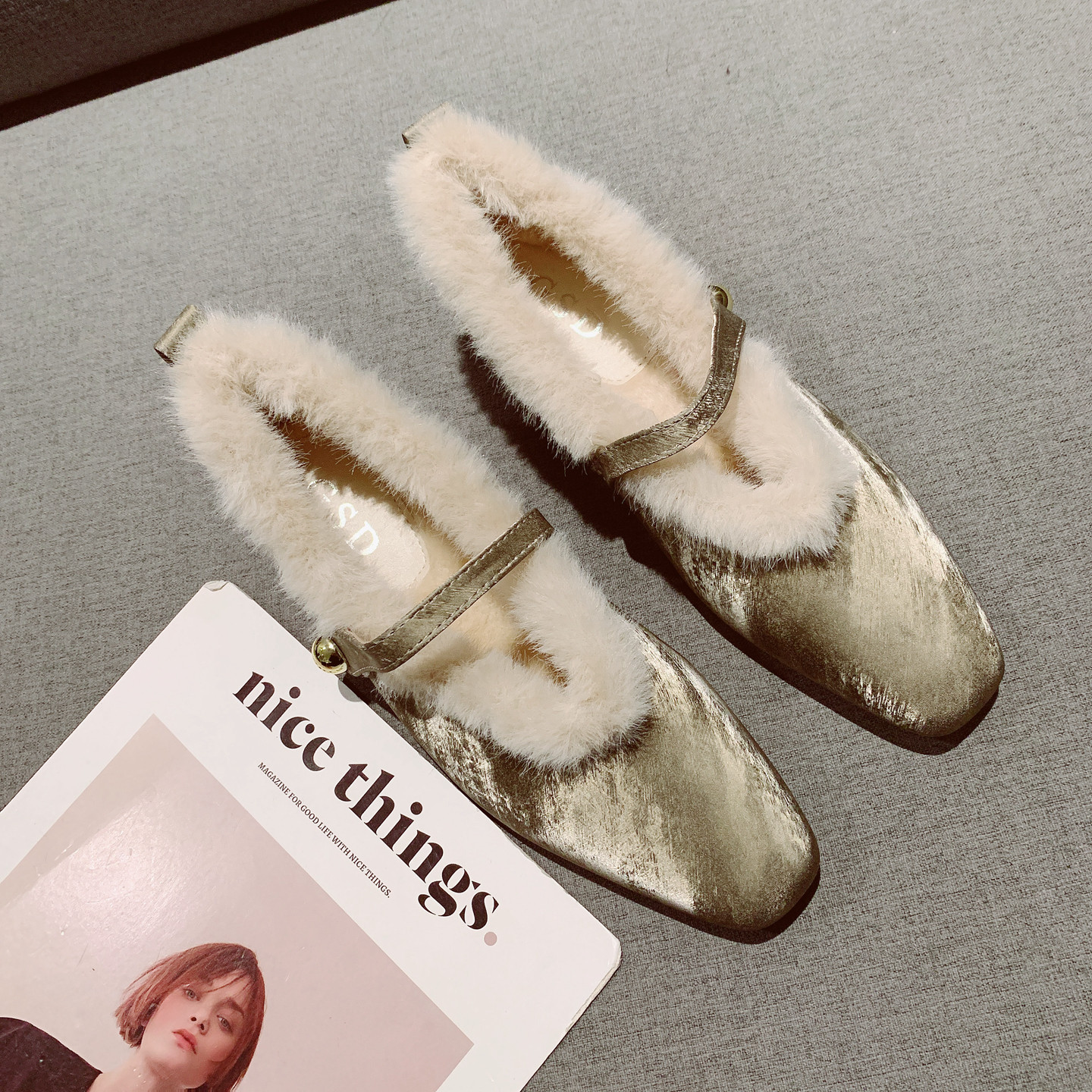 法式方头一字带低跟毛毛鞋女棉鞋