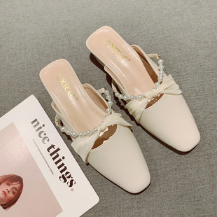 2025年新款仙女风法式珍珠包头半拖鞋女一脚套粗跟中跟懒人凉拖