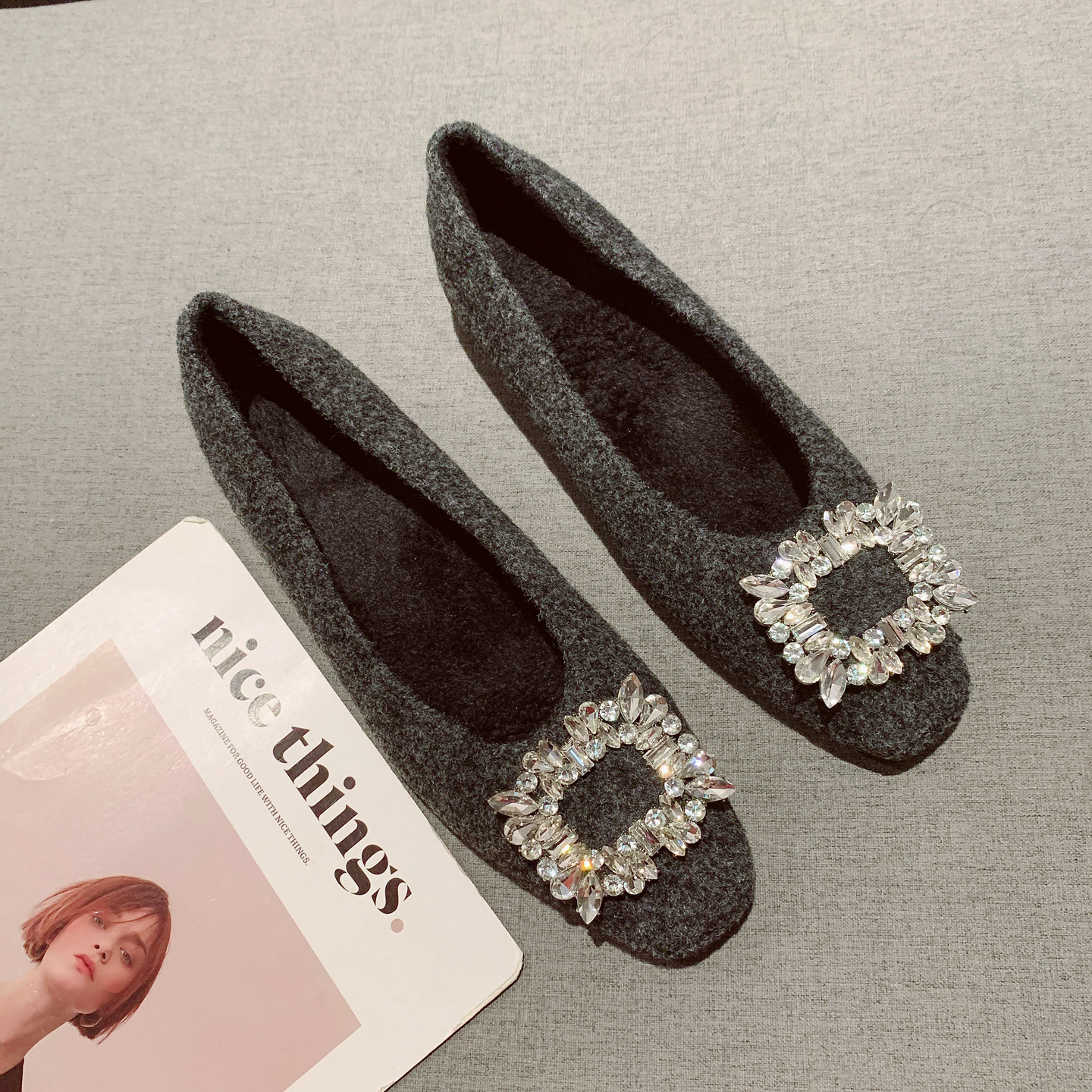 时尚水钻方扣装饰浅口方头时装单鞋女2025年新款一脚套加绒工作鞋,女鞋,浅口单鞋,淘宝优惠券,粉丝福利购,淘宝优惠卷