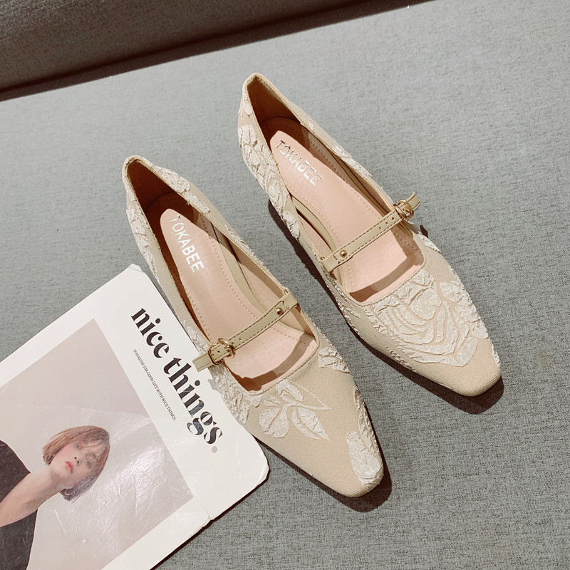 一字带浅口方头粗跟高跟单鞋女2025年新款时尚布面百搭通勤工作鞋,女鞋,浅口单鞋,淘宝优惠券,粉丝福利购,淘宝优惠卷