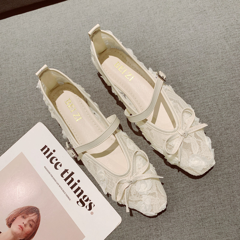 2026年新款法式蝴蝶结装饰一字带软底玛丽珍鞋女网纱透气低跟单鞋