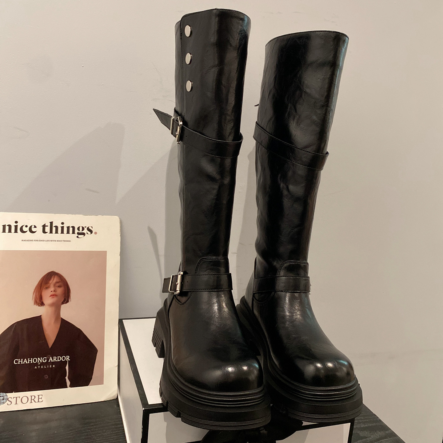 2025新款英伦风皮带扣增高厚底长筒时装靴女百搭圆头高筒靴骑士靴,女鞋,时装靴,淘宝优惠券,粉丝福利购,淘宝优惠卷