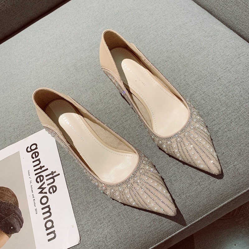 法式珍珠钻面性感高跟鞋女