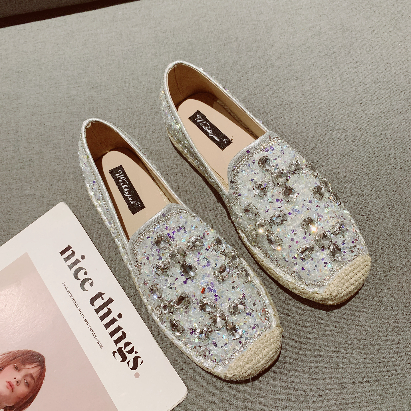 水钻草编渔夫鞋厚底乐福鞋