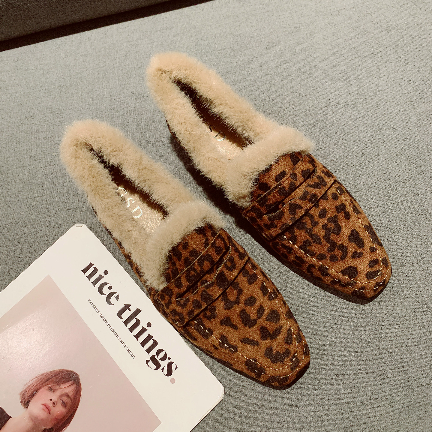 豹纹一脚套低跟乐福鞋女软底瓢鞋