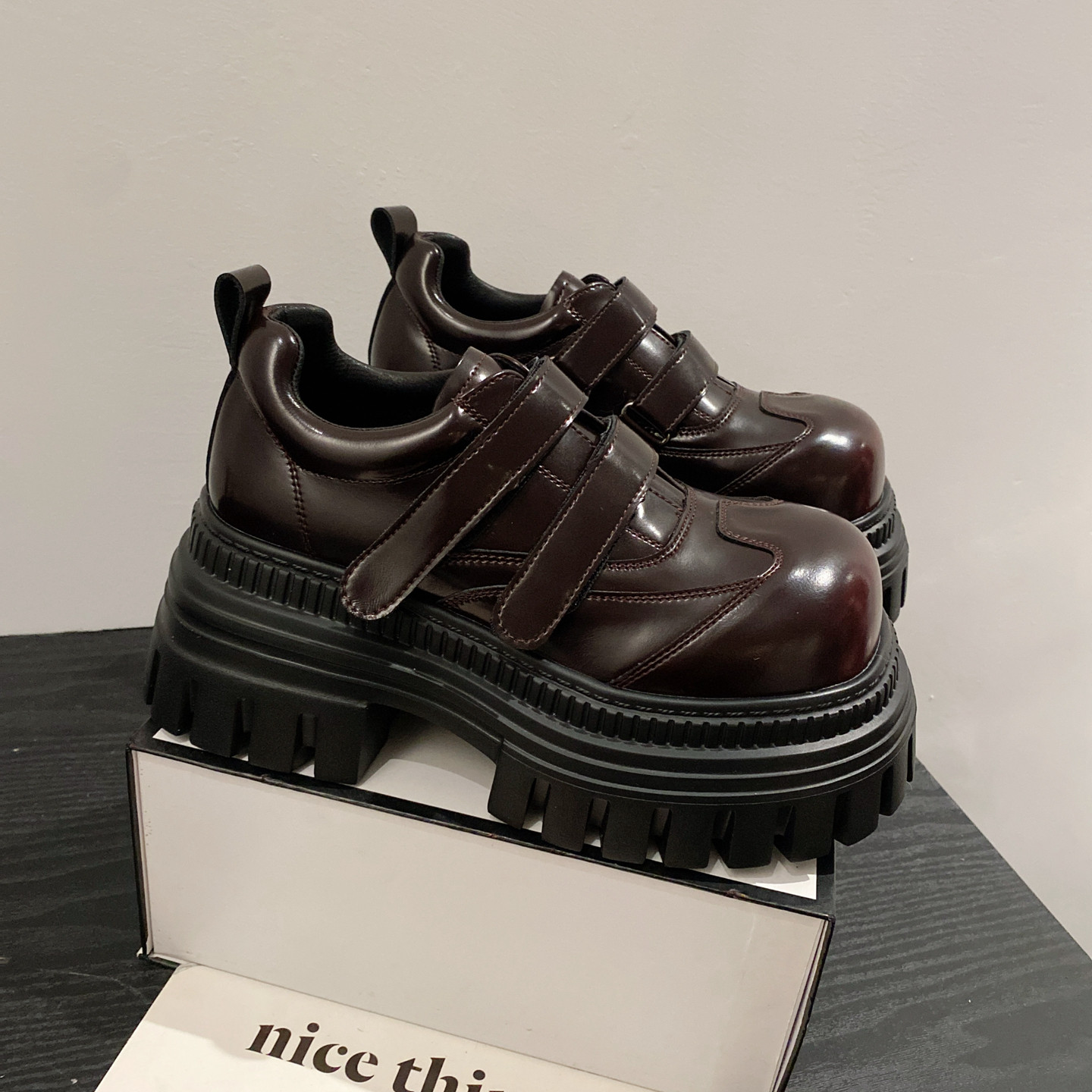 2025年新款英伦风复古圆头魔术贴乐福鞋女小个子增高厚底小皮鞋,女鞋,乐福鞋（豆豆鞋）,淘宝优惠券,粉丝福利购,淘宝优惠卷