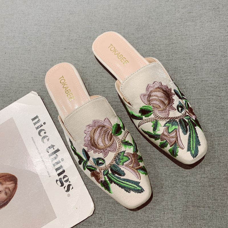 刺绣包头半拖鞋女夏外穿绣花平底鞋网红懒人穆勒鞋气质平底凉拖女,女鞋,包头拖,淘宝优惠券,粉丝福利购,淘宝优惠卷