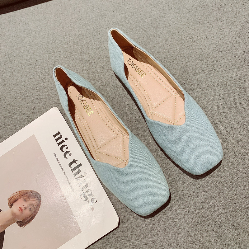 牛仔布面复古方头软底平底单鞋女