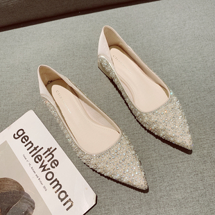 鞋子女2025年新款女鞋春款水钻珍珠单鞋粗跟低跟浅口尖头仙女温柔