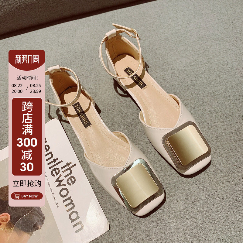 韩版包头凉鞋女低跟鞋一字扣中空漆皮细带气质方头单鞋2022春夏新