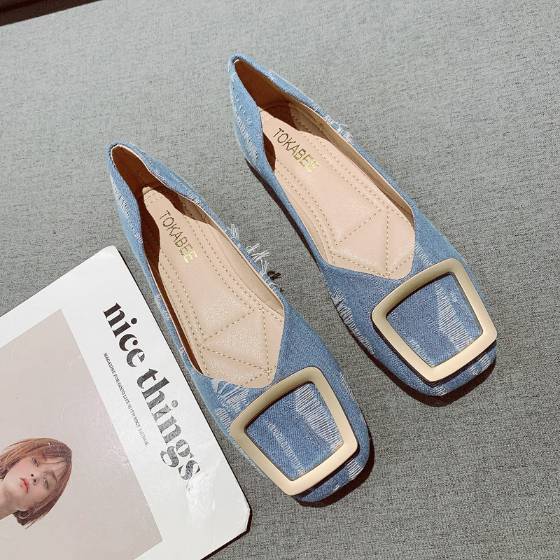 金属方扣方头软底豆豆鞋女平底鞋