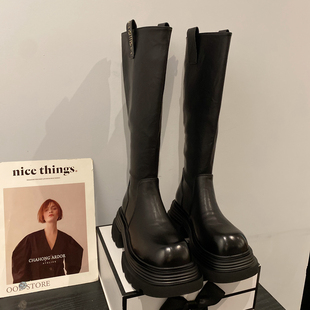 2025年新款 靴 英伦风厚底增高显瘦骑士靴女复古圆头后拉链高筒时装