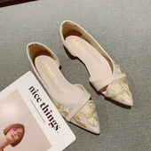 尖头平底单鞋 女2025年新款 软底旗袍鞋 国风新中式 复古刺绣侧空瓢鞋