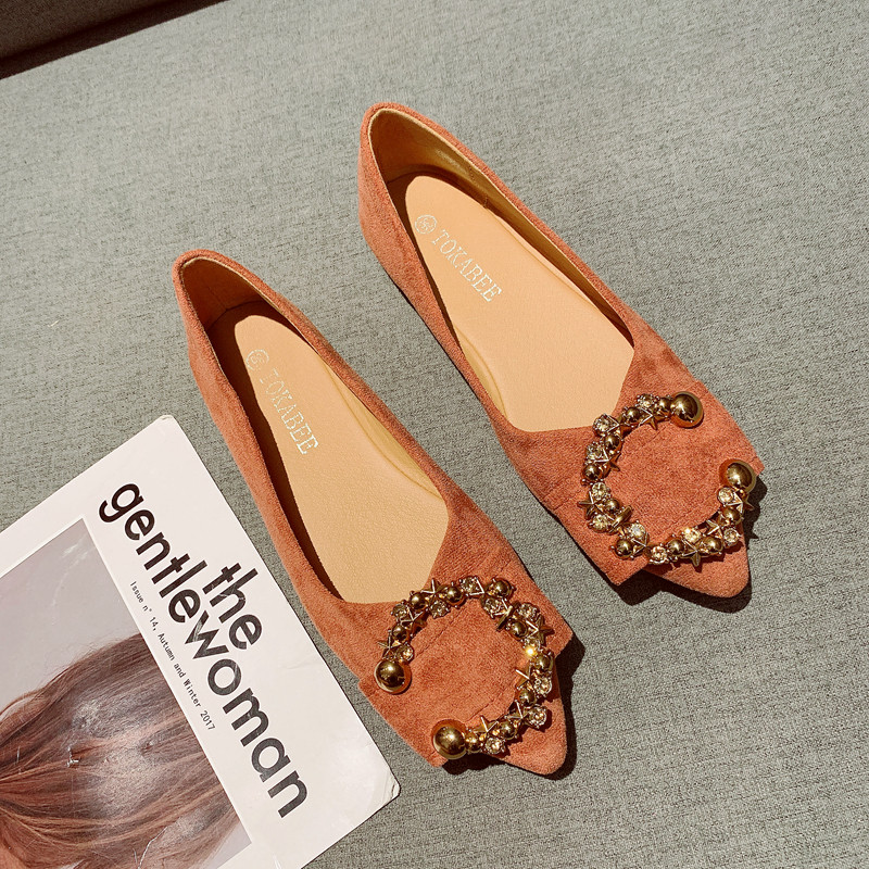 绒面尖头焦糖平底鞋绒面浅口单鞋软底瓢鞋平跟女鞋水钻C扣有大码