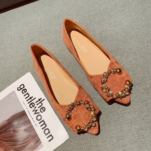 绒面尖头焦糖平底鞋绒面浅口单鞋软底瓢鞋平跟女鞋水钻C扣有大码