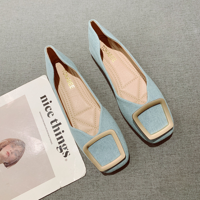 金属方扣浅口方头平底单鞋女瓢鞋